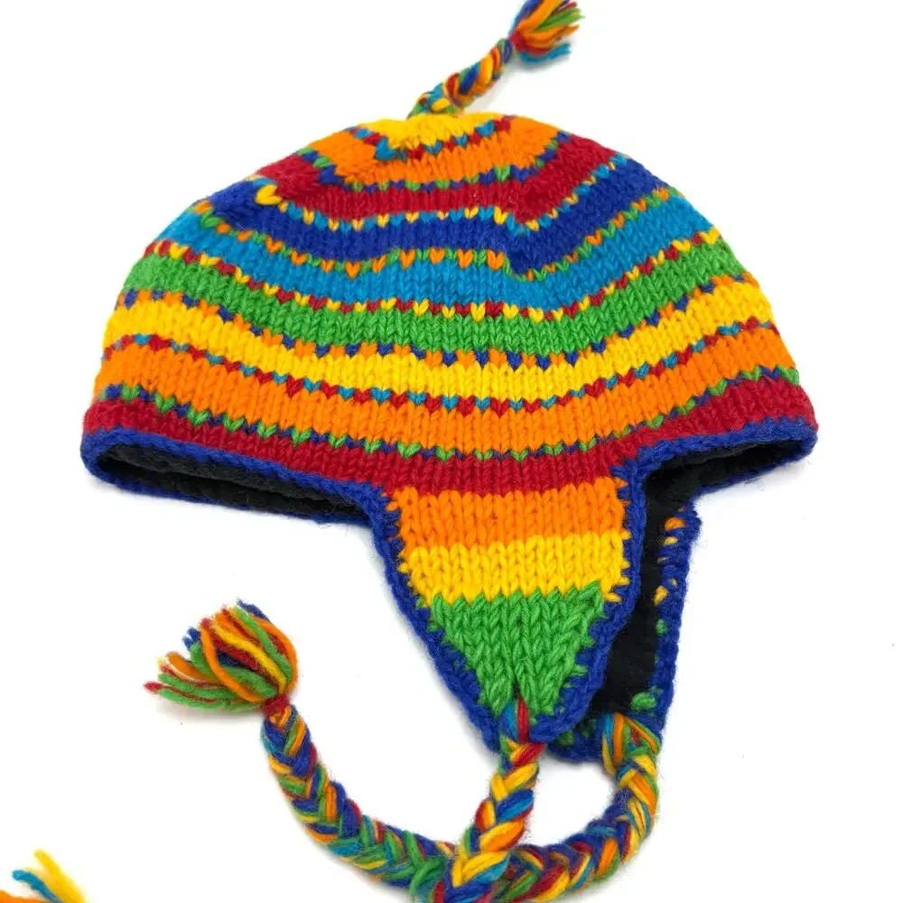 Rainbow Striped Wool Sherpa Hat Earflap Beanie Stocking Cap Toque Toboggan Nepal